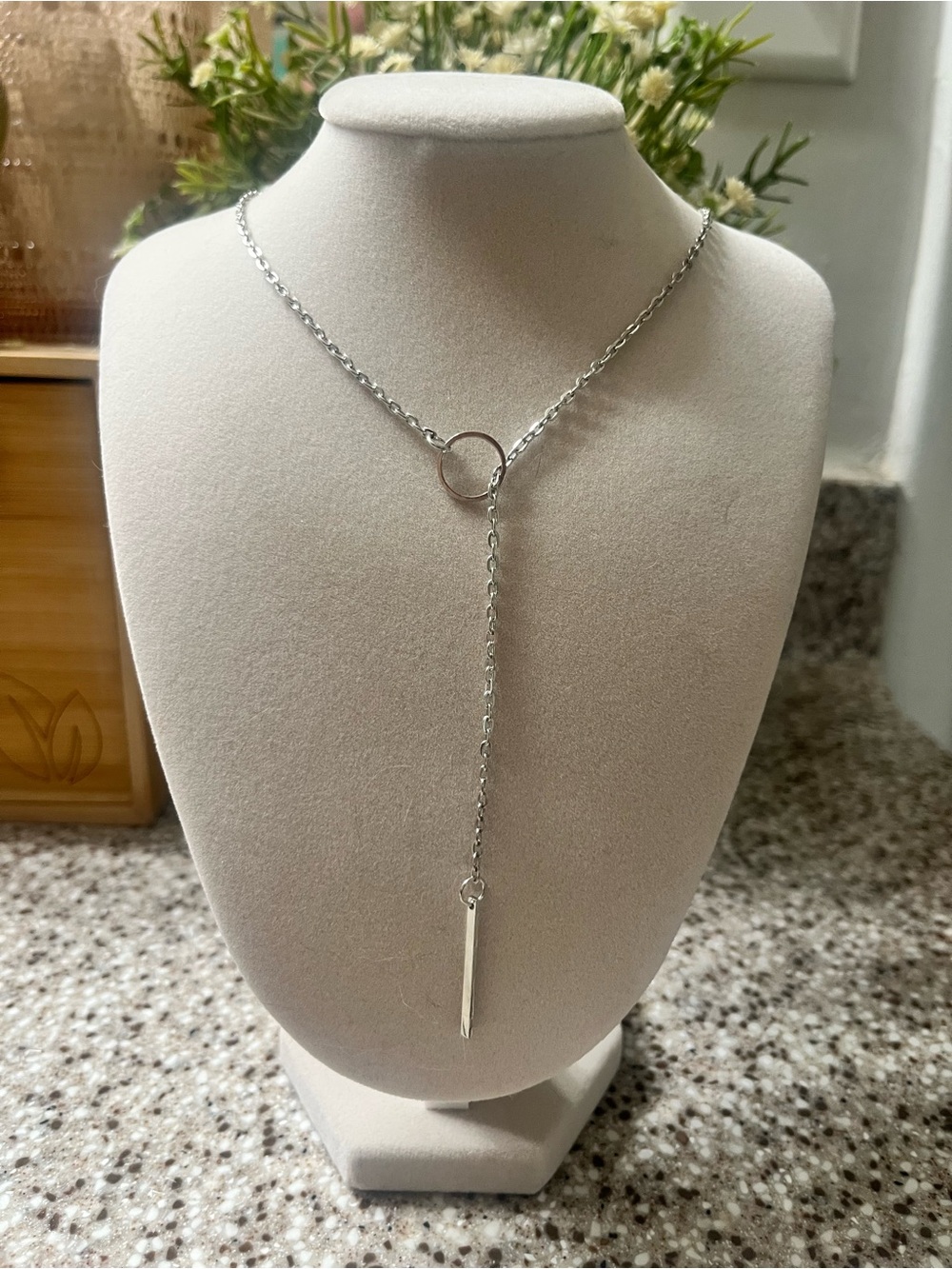 Silver toned Lariat Y-Necklace with Bar Pendant costume jewelry